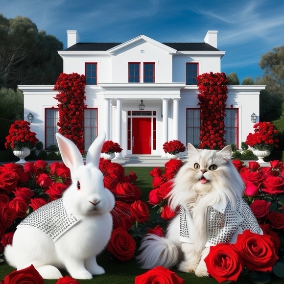 HANDCRAFTED digital art by me roses a rabbit and cat print with lamination NWT - Picture 1 of 9